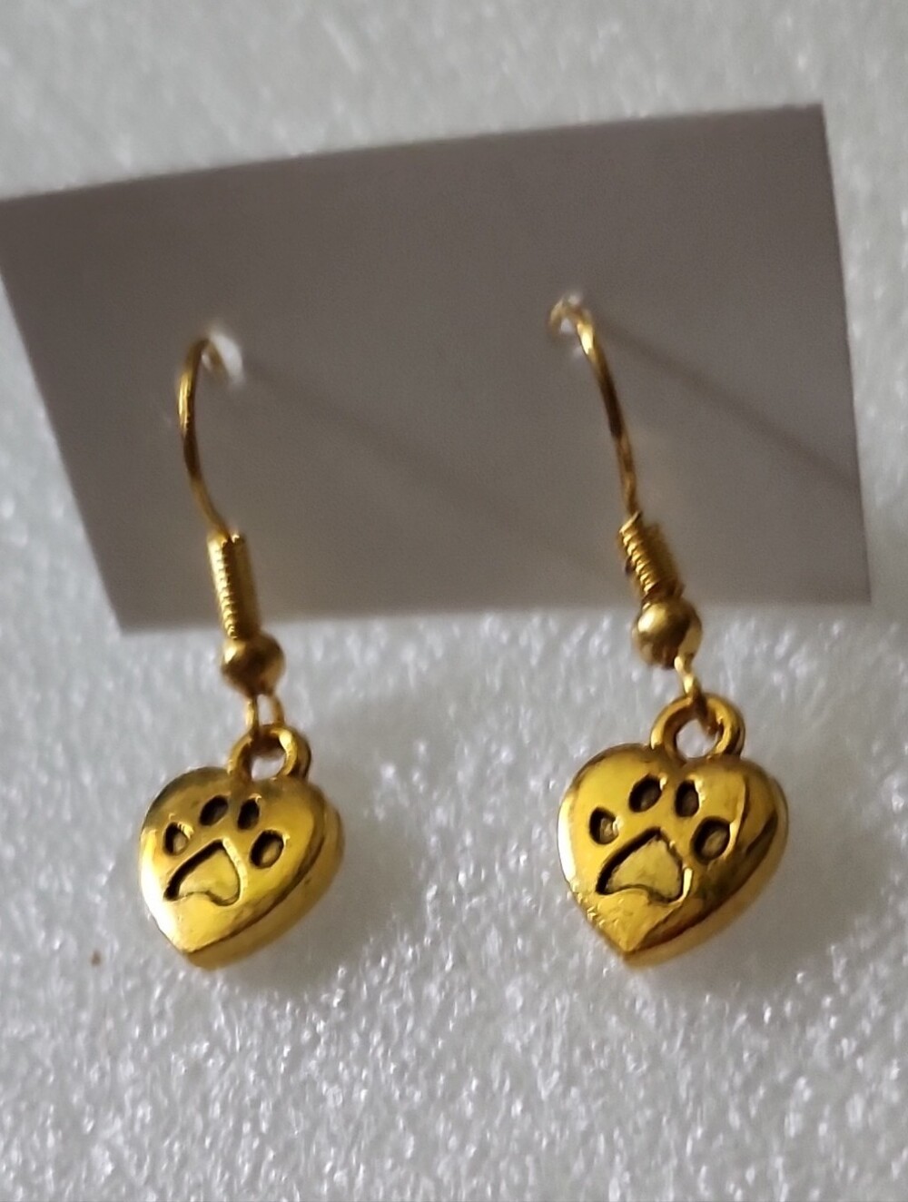 Hand Crafted Gold Heart Paw Dangle Earrings